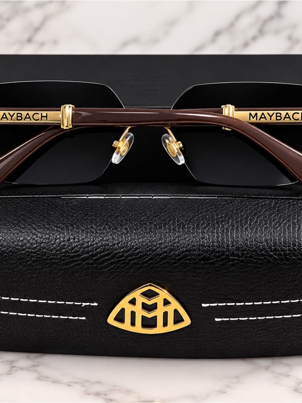 Men's Black Leather Sunglasses Case with Gold Emblem